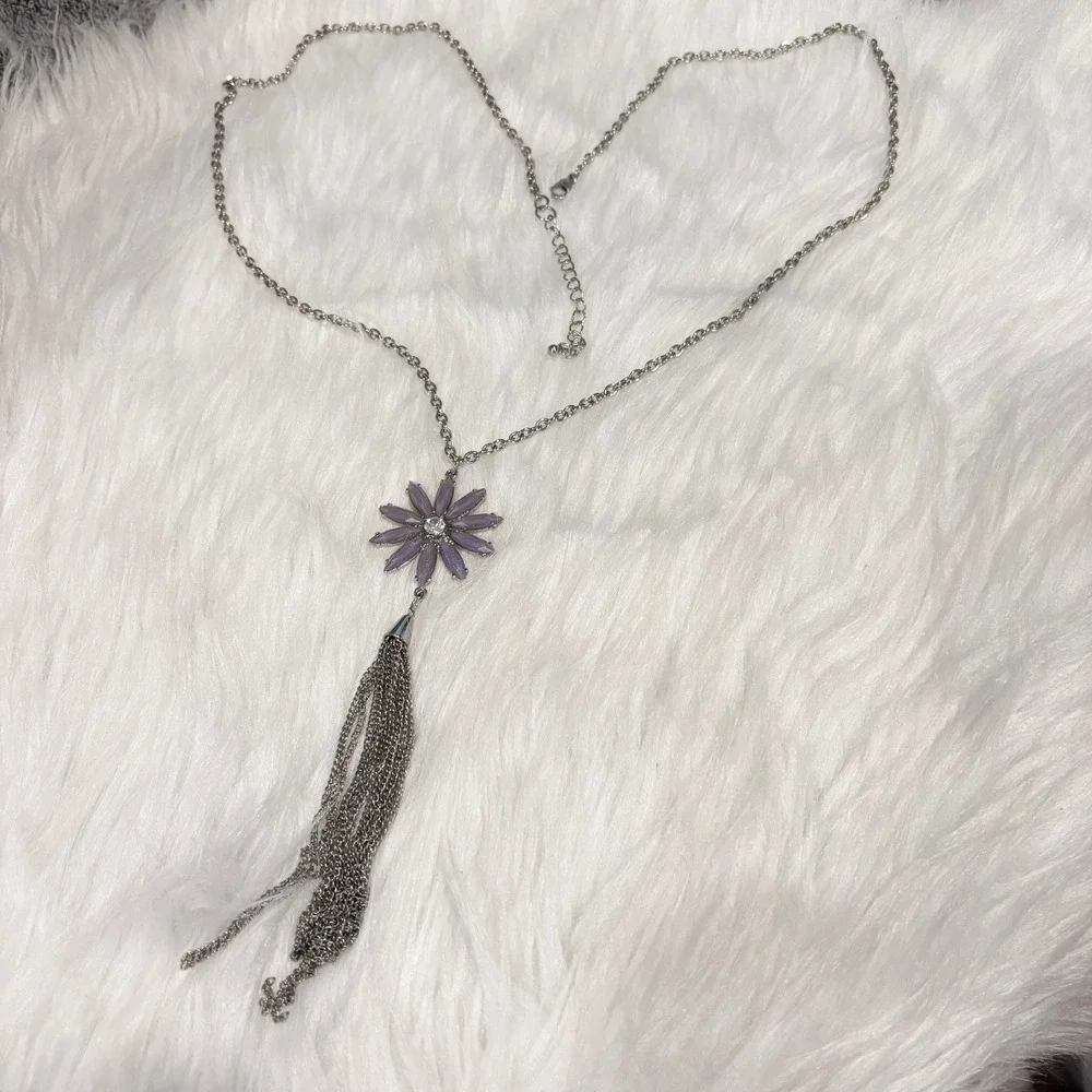 Whimsical Flower Tassel Necklace Boho Silver Tone Purple Rhinestone Hippie 20676